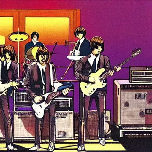 Image similar to The Beatles playing in the Budokan, manga illustration,