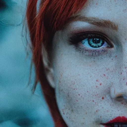 Image similar to Close up photo of the left side of the head of a redhead woman with gorgeous blue eyes and wavy long red hair, red detailed lips and freckles who looks directly at the camera. Slightly open mouth. Whole head visible and covers half of the frame, with a park visible in the background. 135mm nikon.