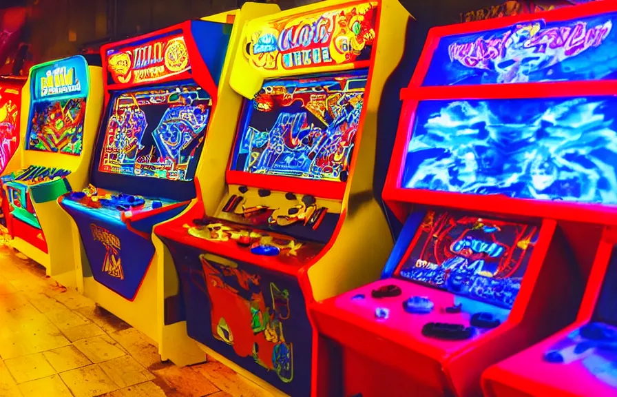 Prompt: Wide shot of a row of brightly lit retro arcade machines in an arcade, depth of field, realistic, nostalgic