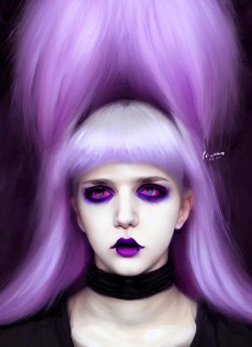 Image similar to portrait of white teenage girl, normal face, white bangs, mall goth, cyberlox, black and white hair, bangs, fluffy bangs, red contact lenses, purple lipstick, intricate, elegant, highly detailed, digital painting, artstation, concept art, sharp focus, smooth, illustration, art by wlop, mars ravelo and greg rutkowski