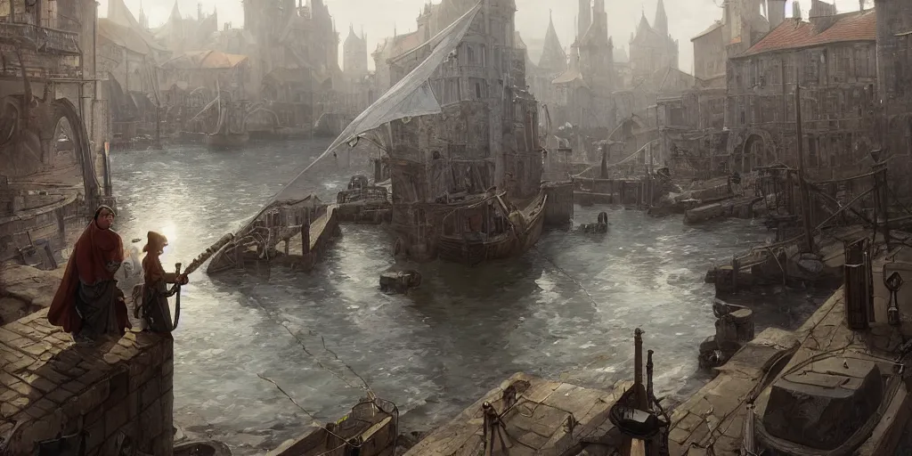 Image similar to empty medieval port town docks sewers are clogged with silt and debris, pokemon sword and sheild, bright future, social realism, highly detailed, digital painting, artstation, concept art, matte, sharp focus, illustration, art by artgerm and greg rutkowski and alphonse mucha