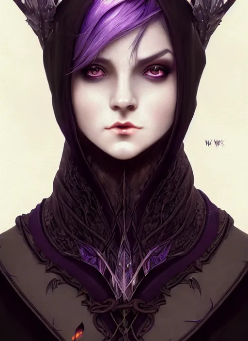 Image similar to symmetrical close up portrait dark witch, adventurer outfit large cloak, fantasy forest landscape, dragon scales, fantasy magic, undercut hairstyle, short purple black fade hair, dark light night, intricate, elegant, sharp focus, illustration, highly detailed, digital painting, concept art, matte, art by wlop and artgerm and greg rutkowski and alphonse mucha, masterpiece