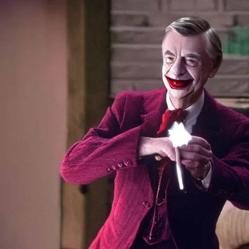 Prompt: stunning awe inspiring Mr. Rogers as The Joker 8k hdr Batman movie still amazing lighting