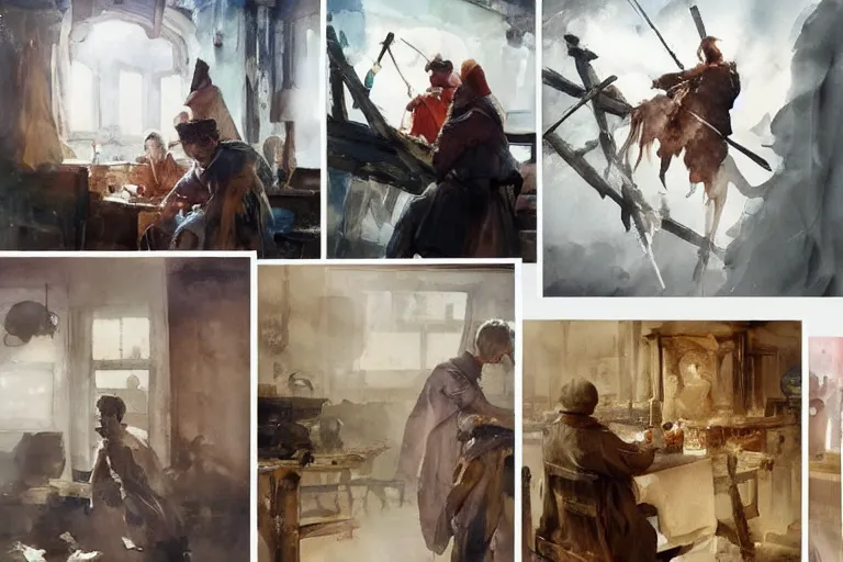 Prompt: paint brush strokes, abstract watercolor painting of medieval workbench, cloth, art by hans dahl, by jesper ejsing, art by anders zorn, wonderful masterpiece by greg rutkowski, cinematic light, american romanticism by greg manchess, creation by tyler edlin