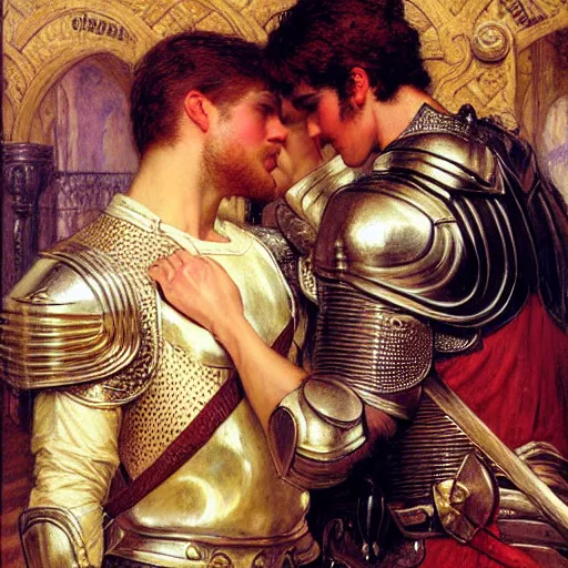 Image similar to attractive fully clothed arthur pendragon confesses his love for his attractive fully clothed male knight. highly detailed painting by gaston bussiere and j. c. leyendecker 8 k