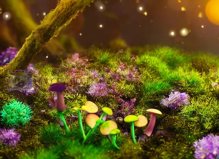 Image similar to a fantasy forest on planet Pandora with delicate flowers and mushrooms and plants that glow in the dusk, macro close up, bokeh,