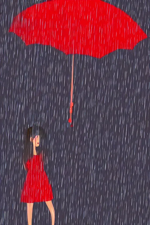 Image similar to a girl in a red dress crying in the middle of a city while its raining, digital art