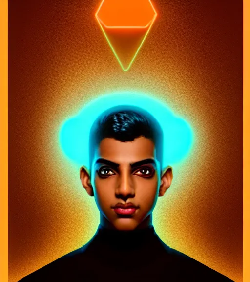 Image similar to symmetry!! egyptian boy prince of technology, solid cube of light, hard edges, product render retro - futuristic poster scifi, lasers and neon circuits, brown skin boy egyptian boy prince, intricate, elegant, highly detailed, digital painting, artstation, concept art, smooth, sharp focus, illustration, dreamlike, art by artgerm