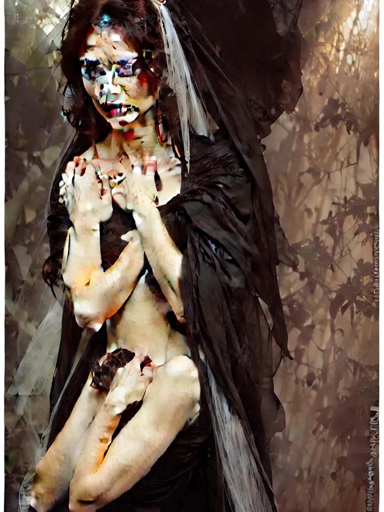 Prompt: detailed oil painting of sad bride in black under the god ray, art by artgerm and greg rutkowski and alphonse mucha