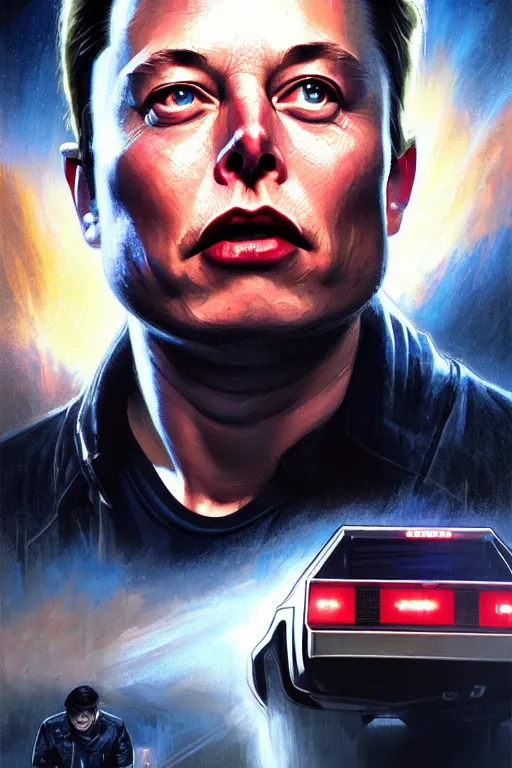 Image similar to elon musk as marty mcfly near cybertruck, realistic portrait, symmetrical, highly detailed, digital painting, artstation, concept art, smooth, sharp focus, illustration, cinematic lighting, art by artgerm and greg rutkowski and alphonse mucha