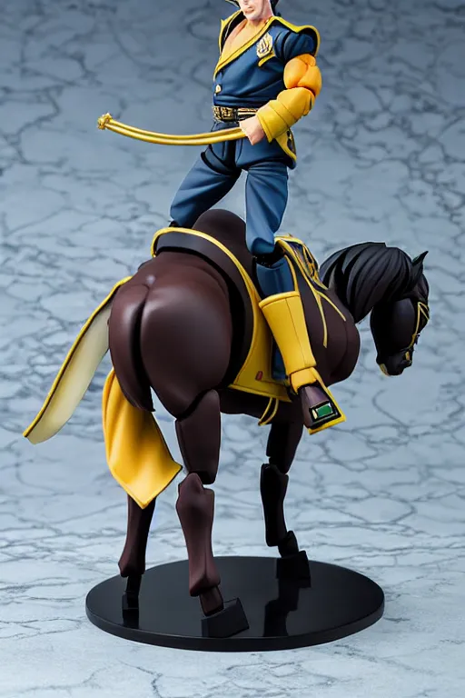 Prompt: still high quality action figure of jotaro kujo as a horse, tsurime eyes, tareme eyes, personification, dynamic pose, detailed product photo, featured on amiami, tone mapped, beautiful composition, 8 5 mm, f. 1 4
