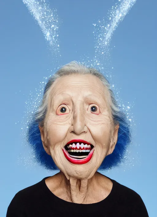 Prompt: a hyper realistic exploding blue teeth ultra realistic photograph of the 1000 foot tall grandma, highly detailed, 8k photo
