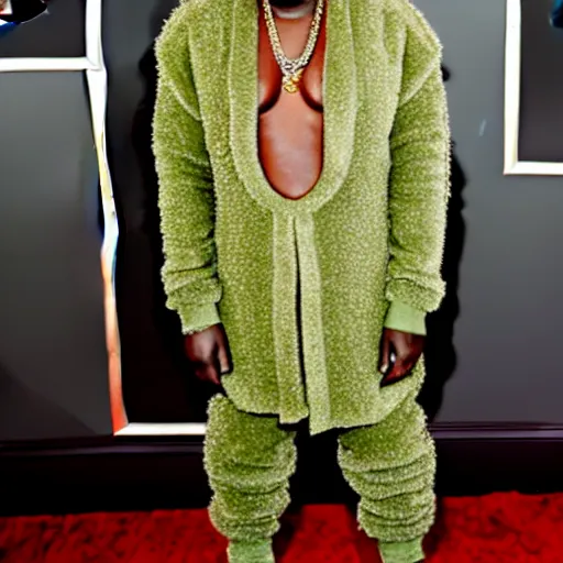 Image similar to kanye west at the grammys in an avocado suit, red carpet photo