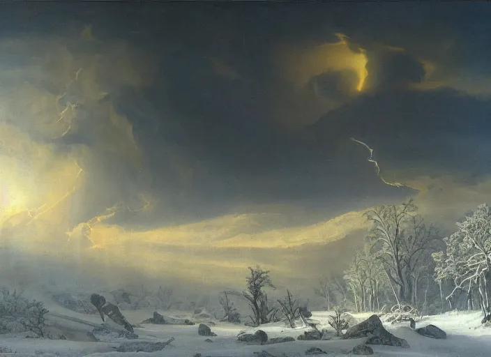 Prompt: earth after the cretaceous – paleogene extinction event, a harsh winter cools down the earth, blizzards envelop the lands and barely any sunlight gets through the thick dust clouds, dark skies, thick snow in the style of hudson river school of art, oil on canvas