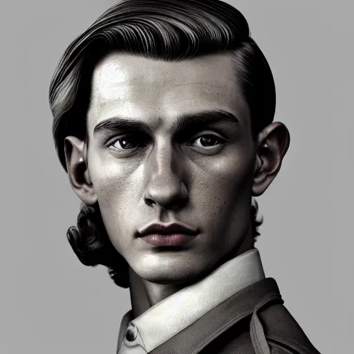 Prompt: A Hearts of Iron IV portrait of a blond young German actor with high cheekbones. Good bone structure. Dressed in 1940s style. Highly detailed, fine Art, high detail, great lighting, 8k resolution, masterpiece, concept art, illustration, clear eyes, painting oil on canvas, octane render, HDR, trending on artstation, 4k, 8k, HD