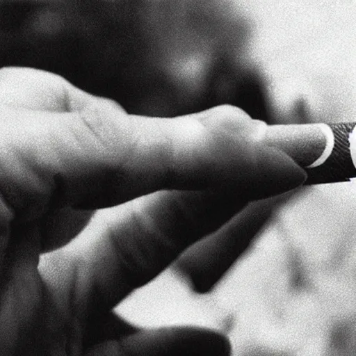 Prompt: Close-up of highly realistic hand holding cigarette with smoke, vintage photo,