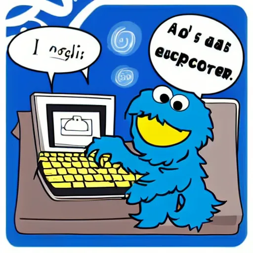 Image similar to cookie monster using a computer in a spaceship
