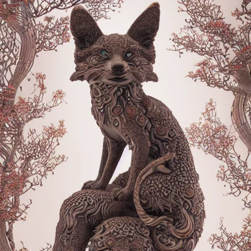Image similar to A photo-real delicate ceramic porcelain sculpture of an ornate detailed kitsune in front of a intricate background by Victo Ngai and takato yamamoto, micro detail, backlit lighting, subsurface scattering, translucent, thin porcelain, octane renderer, colorful, physically based rendering, japanese pottery, trending on cgsociety