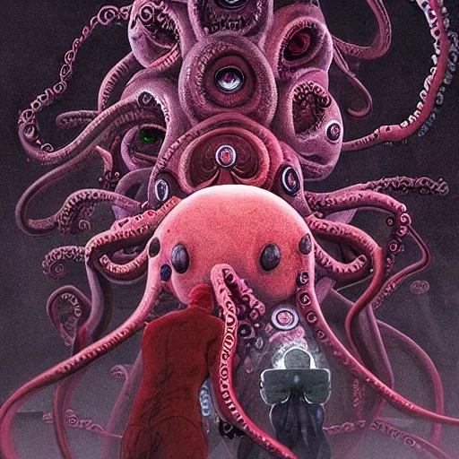 Prompt: unimaginable faceless horror, many eyes, many tentacles, by Hidetaka Miyazaki