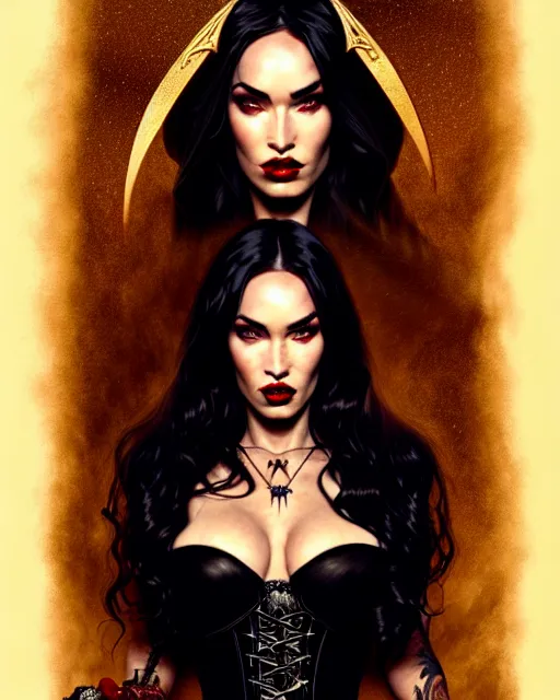 Image similar to megan fox witch queen, black eyes, blood, full body, intricate victorian dress, middle shot, cinematic lighting, studio quality, symmetrical eyes, artgerm, joshua middleton, rafael albuquerque, moody lighting, candles, art style by klimt, nixeu and ian sprigger and wlop and krenz cushart