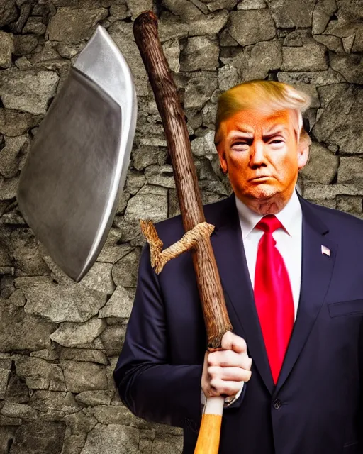 Image similar to a photo of donald trump dressed as a medieval knight. he's holding a giant axe. medium shot portrait. dslr photography