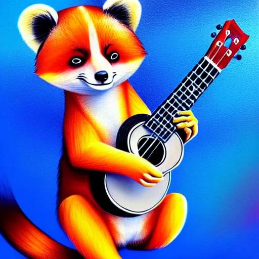 Image similar to cute fluffy Ailurus fulgens playing a ukulele, fully detailed, high quality , 4k , digital art, digital painting, soft light , masterpiece