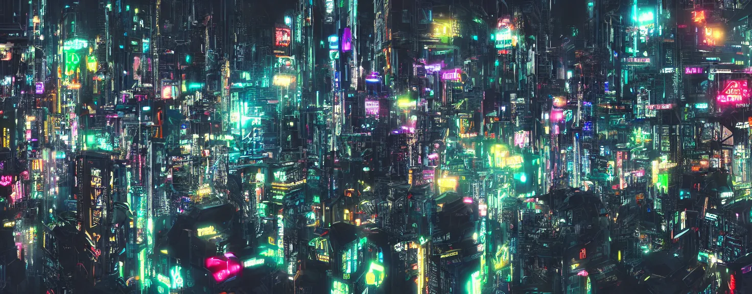 Prompt: a vast view of a cyberpunk city, bustling with life and neon lights, highly detailed, night time, neon skyscrapers