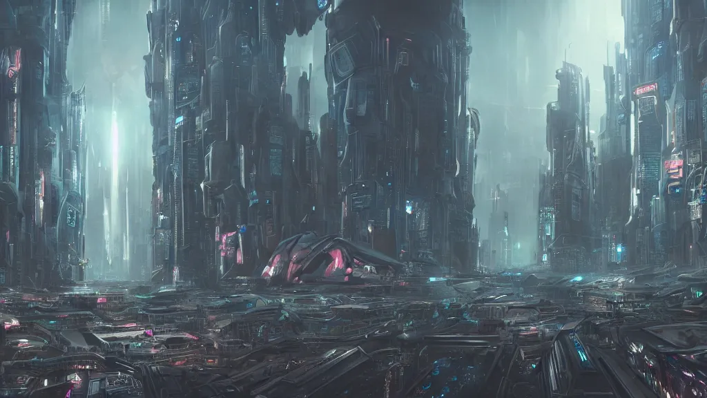 Image similar to a vast alien city, bustling and alive, futuristic, biological, cyberpunk, sinister, lightening and smog, dust, ultra realistic, hyper detailed, concept art, cinematic, wide lens,