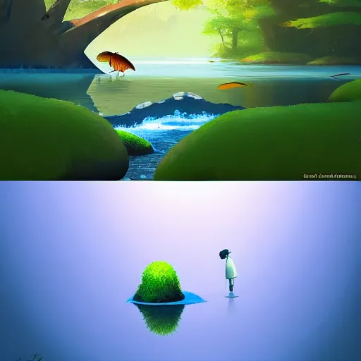 Image similar to goro fujita ilustration a river in the forest with clear water with moss on the edges, while watching a golden carp fish swimming, painting by goro fujita, sharp focus, highly detailed, artstation