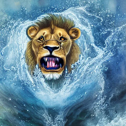 Image similar to a male lion's face breaching through a wall of water, water sprites, splashing, deep blue water color, highly detailed