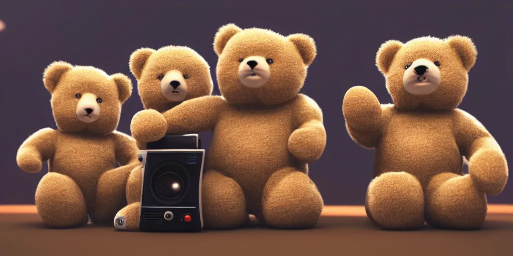 Image similar to two fluffy bears playing coleco vision with an old tv, octane render, 8 k resolution, cinematic