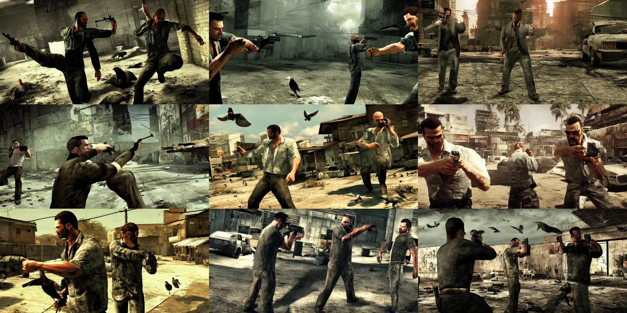 KREA - A promo screenshot from Max Payne 4: The Flight of Max Payne, which  features Max Payne becoming a famous pigeon rancher in post-collapse  America.