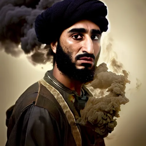 Prompt: Photo of Khalid ibn al-Walid in a battle, war cry, close-up, high detail, studio, ominous background, smoke, by Martin Schoeller