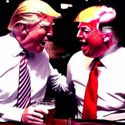 Image similar to joe biden and donald trump getting drunk together at a pub, laughing and joking, at night