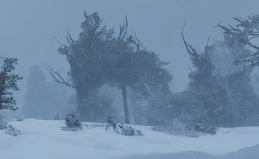 Image similar to winterfall in the snowstorm, doomy, Unreal Engine, cinematic photography, highly-detailed, games of thrones, HBO, high resolution, 8k, photorealistic, stunning volumetric lighting