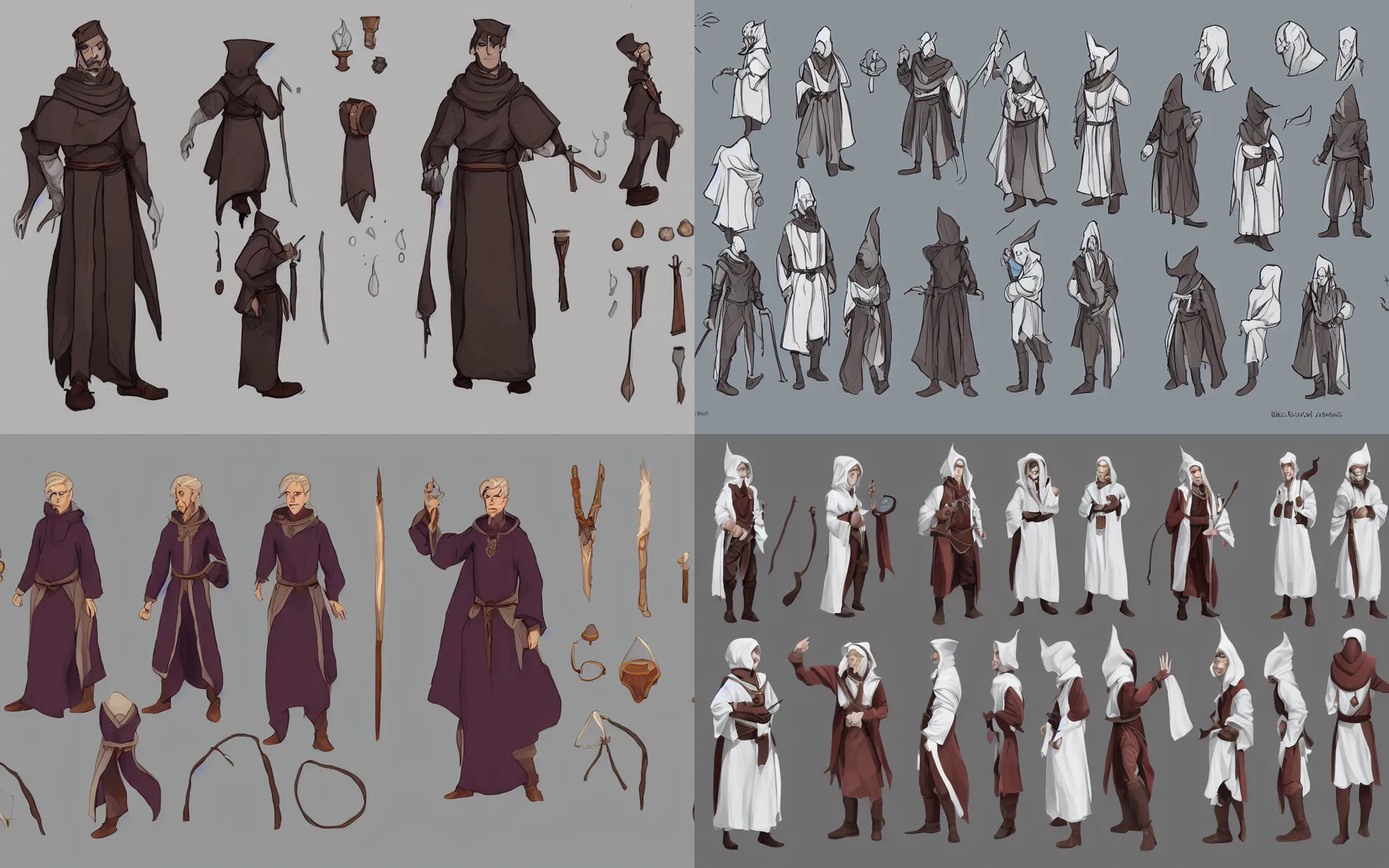 Prompt: character design sheet, clean concept art of a male magic wizard, potions, belt, robes, hood, artsation, 8k,