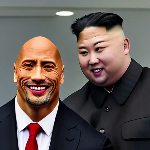 Prompt: dwayne johnson and kim jong - un, selfie, phone photo,