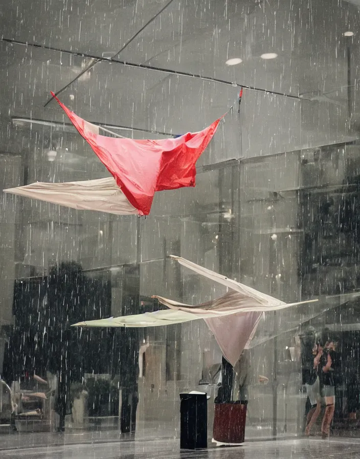 Prompt: one slick fashionable zara raincoat flying hanging mid - air on a glittering rainy display designed by james terrell, wes anderson, symmetry, rule of thirds