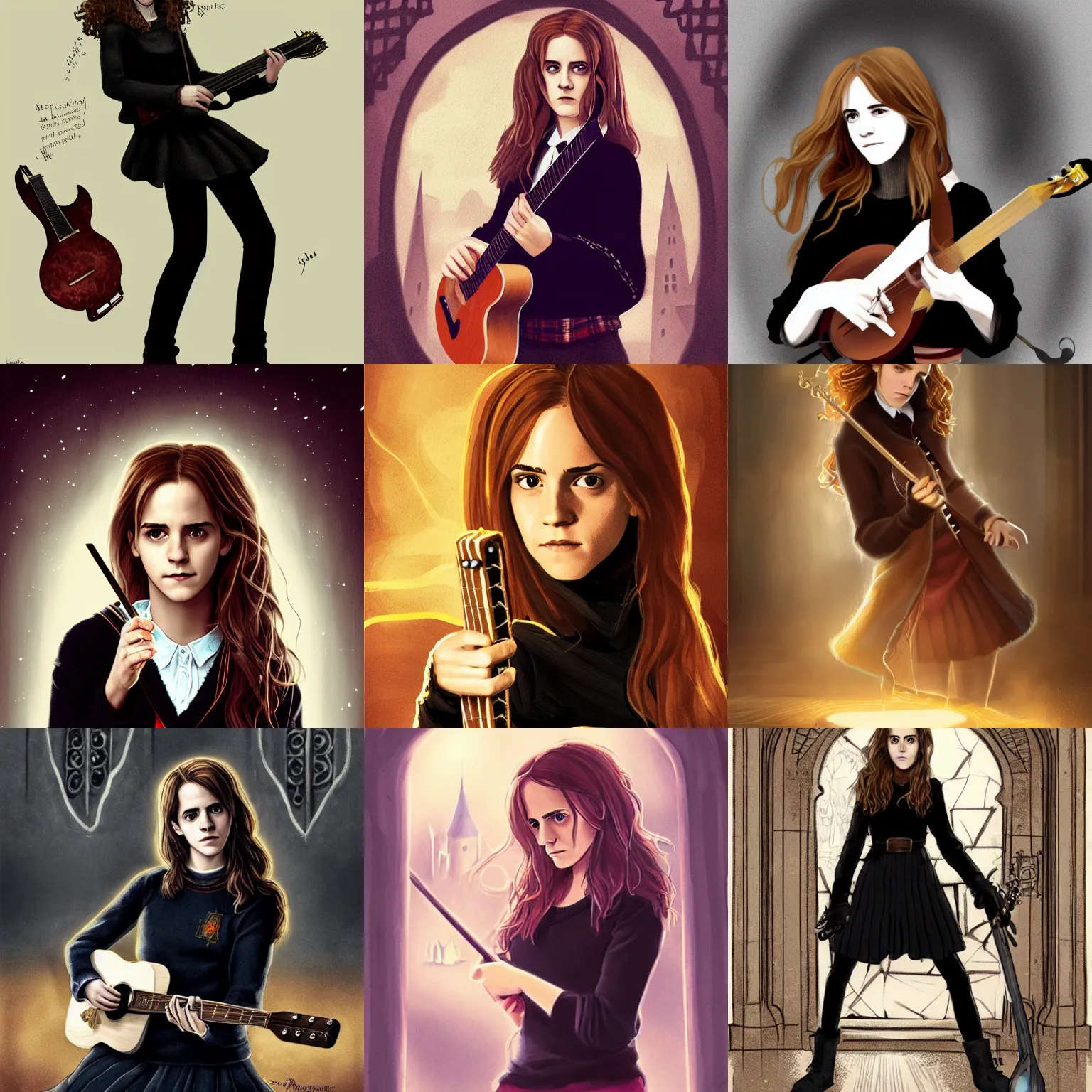 Prompt: Hermione Granger/Emma Watson wearing a black sweater, playing a guitar, in the Gryffindor common room, gothic fantasy art, trending on ArtStation