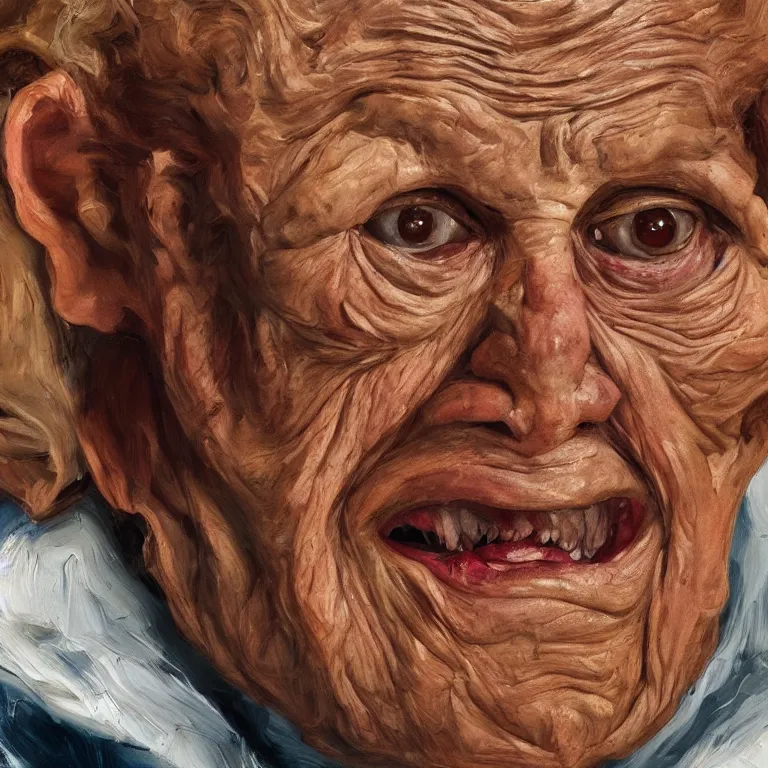 Image similar to warmly lit close up studio portrait of aging angry!! screaming! old Elaine Benes age 115 wrinkled furious!, impasto oil painting thick brushstrokes by Lucian Freud and Cy Twombly and Tim Hawkinson , trending on artstation dramatic lighting Expressionism