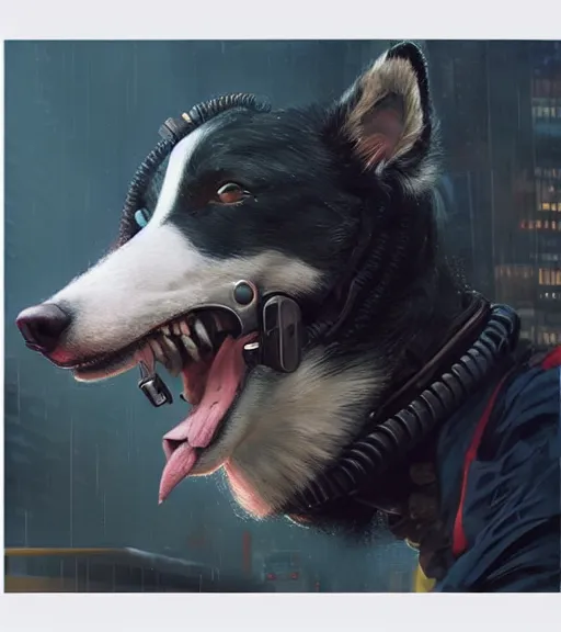 Image similar to new york city portrait of furry anthro anthropomorphic border collie head animal person fursona wearing clothes strange cybernetic augmentations cyber muzzle gloomy rainy cyberpunk digital art by Greg Rutkowski, Simon Stalenhag, trending on Artstation, CGSociety