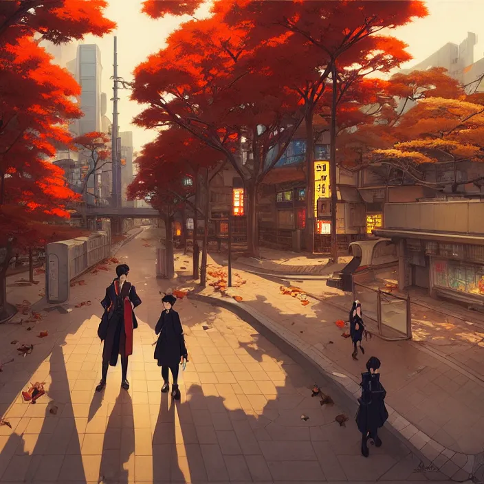 Image similar to empty tokyo, autumn, in the style of studio ghibli, j. c. leyendecker, greg rutkowski, artem