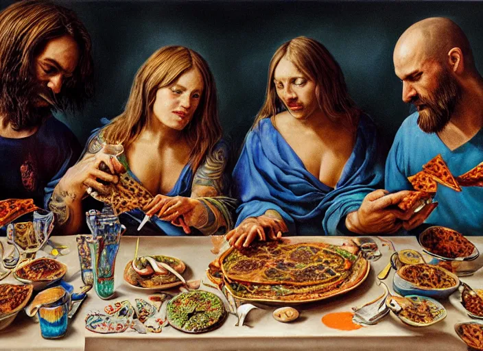 Prompt: hyper realistic detailed painting of a heavy tattooed frog couple in baroque clothes in mid 70s italian restaurant eating pepperoni pizza with roasted rainbow and drinking black sparkling milk by Andrei Tarkovsky, Adrian Ghenie, Storm Thorgerson, and Beeple, semi naive, rich deep colors, cinematic, last supper composition. Beksinski painting, part by Adrian Ghenie and Greg Hildebrandt. art by Neo Rauch. masterpiece