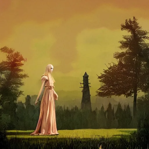 Prompt: Elle Fanning, head and shoulders masterpiece, in the painted world of Dark Souls, golden hour, in a garden, artstation, in the style of Art Deco and Edward Hopper and Bosch, extremely detailed