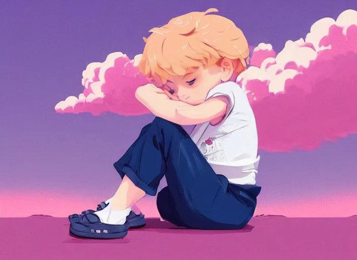 Prompt: a little boy with blonde hair sitting on a cloud in front of a pink and blue sunrise sky. clean cel shaded vector art. shutterstock. behance hd by lois van baarle, artgerm, helen huang, by makoto shinkai and ilya kuvshinov, rossdraws, illustration, art by ilya kuvshinov