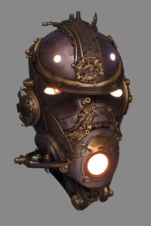 Image similar to steampunk mask minimalist fantasy art robot ninja helmet, global illumination ray tracing hdr fanart arstation by sung choi and eric pfeiffer and gabriel garza and casper konefal radiating a glowing aura