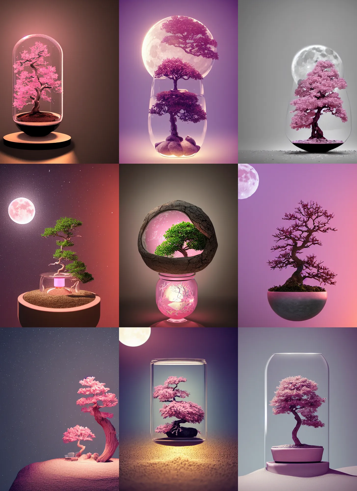 Prompt: pink bonsai tree inside a glass jar, full moon buried in sand, intricate detail, snowflakes, hyper detailed, ultra realistic, sharp focus, octane render, lantern, volumetric, ray tracing, artstation trending, moon, pocketwatch, cgsociety, sense of awe, mystical, moon, 4 k