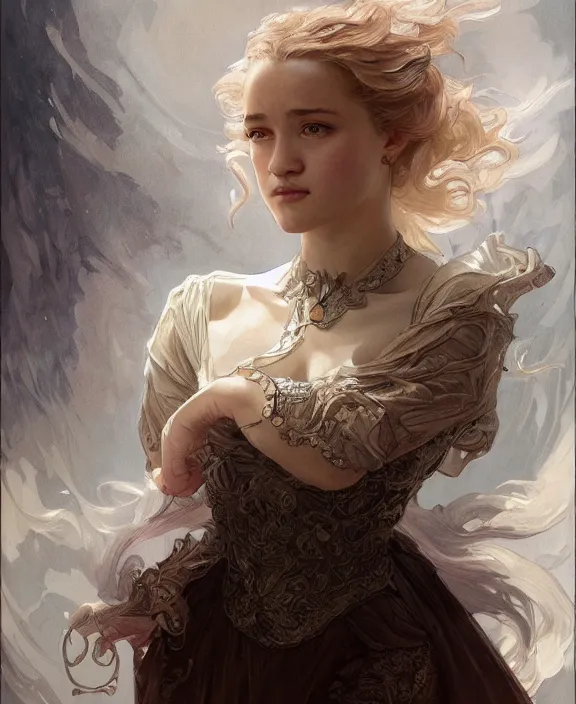 Prompt: portrait of julia garner, half body, d & d, fantasy, intricate, elegant, highly detailed, digital painting, artstation, concept art, art by artgerm and greg rutkowski and alphonse mucha, boris vallejo