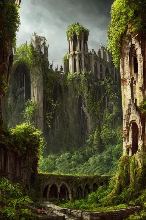 Prompt: gigantic castle, arches adorned pillars, towers, archways, gnarly trees, lush vegetation, forrest, landscape, raphael lacoste, eddie mendoza, alex ross, concept art, matte painting, highly detailed, rule of thirds, dynamic lighting, cinematic, detailed, denoised, centerd