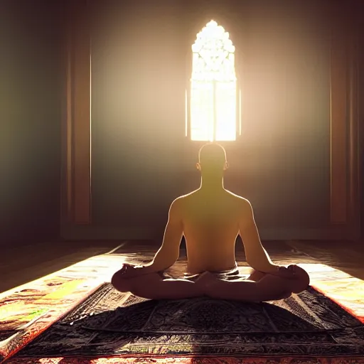 Image similar to a man sits in a meditation pose in the middle of a large throne room. the air is filled with haze. holographic user interface elements float all around him. wires and cables run, overlapping, along the floor. golden sunlight illuminates the room at sunset. this space is sacred.